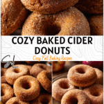 Plate of golden baked apple cider donuts dusted with cinnamon sugar on a rustic kitchen table.